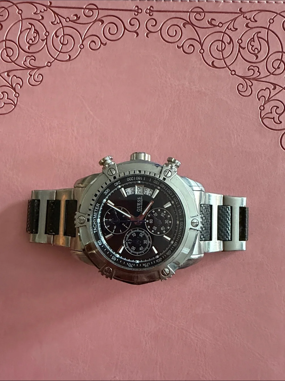 GUESS Silver Stainless Steel Chronograph Watch with Black Dial
